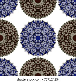 Vintage Wallpaper Rapport. Seamless Ethnic Pattern with Round Zentangles. Abstract Oriental Background with Mandala. Decorative Vintage Print for Fabric and Paper. 