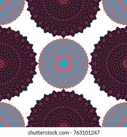 Vintage Wallpaper Rapport. Seamless Ethnic Pattern with Round Zentangles. Abstract Oriental Background with Mandala. Decorative Vintage Print for Fabric and Paper. 