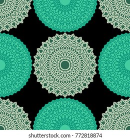 Vintage Wallpaper Rapport. Seamless Ethnic Pattern with Round Zentangles. Abstract Oriental Background with Mandala. Decorative Vintage Print for Fabric and Paper. 