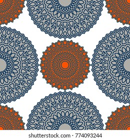 Vintage Wallpaper Rapport. Seamless Ethnic Pattern with Round Zentangles. Abstract Oriental Background with Mandala. Decorative Vintage Print for Fabric and Paper. 