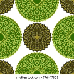 Vintage Wallpaper Rapport. Seamless Ethnic Pattern with Round Zentangles. Abstract Oriental Background with Mandala. Decorative Vintage Print for Fabric and Paper. 