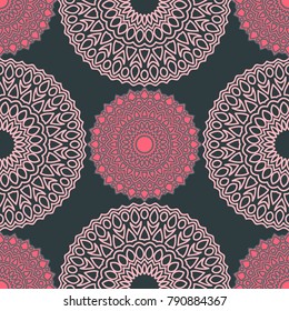 Vintage Wallpaper Rapport. Seamless Ethnic Pattern with Round Zentangles. Abstract Oriental Background with Mandala. Decorative Vintage Print for Fabric and Paper. 