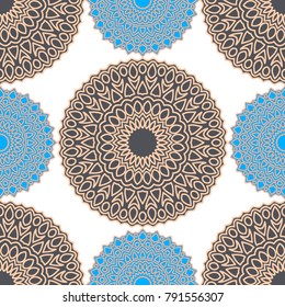 Vintage Wallpaper Rapport. Seamless Ethnic Pattern with Round Zentangles. Abstract Oriental Background with Mandala. Decorative Vintage Print for Fabric and Paper. 