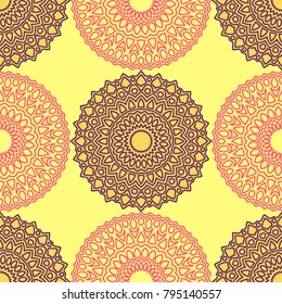 Vintage Wallpaper Rapport. Seamless Ethnic Pattern with Round Zentangles. Abstract Oriental Background with Mandala. Decorative Vintage Print for Fabric and Paper. 