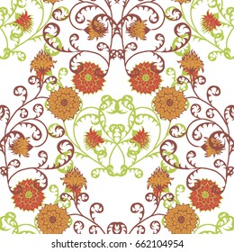 Vintage Wallpaper Rapport. Seamless Pattern with Flowers for Fabric, Textile, Book Cover, Cloth. Summer Feminine Ornament on White Background. Big Chrysanthemums or Golden-daisy