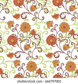 Vintage Wallpaper Rapport. Seamless Pattern with Flowers for Fabric, Textile, Book Cover, Cloth. Summer Feminine Ornament on White Background. Big Chrysanthemums or Golden-daisy