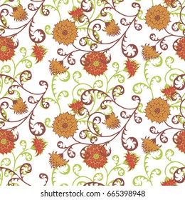 Vintage Wallpaper Rapport. Seamless Pattern with Flowers for Fabric, Textile, Book Cover, Cloth. Summer Feminine Ornament on White Background. Big Chrysanthemums or Golden-daisy