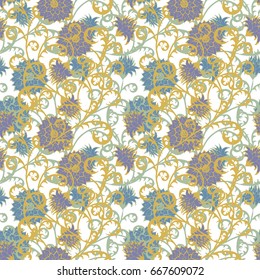 Vintage Wallpaper Rapport. Seamless Pattern with Flowers for Fabric, Textile, Book Cover, Cloth. Summer Feminine Ornament on White Background. Big Chrysanthemums or Golden-daisy