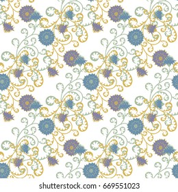 Vintage Wallpaper Rapport. Seamless Pattern with Flowers for Fabric, Textile, Book Cover, Cloth. Summer Feminine Ornament on White Background. Big Chrysanthemums or Golden-daisy