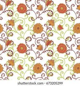 Vintage Wallpaper Rapport. Seamless Pattern with Flowers for Fabric, Textile, Book Cover, Cloth. Summer Feminine Ornament on White Background. Big Chrysanthemums or Golden-daisy