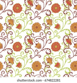 Vintage Wallpaper Rapport. Seamless Pattern with Flowers for Fabric, Textile, Book Cover, Cloth. Summer Feminine Ornament on White Background. Big Chrysanthemums or Golden-daisy