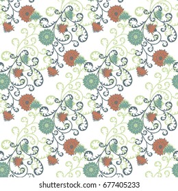 Vintage Wallpaper Rapport. Seamless Pattern with Flowers for Fabric, Textile, Book Cover, Cloth. Summer Feminine Ornament on White Background. Big Chrysanthemums or Golden-daisy