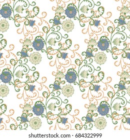 Vintage Wallpaper Rapport. Seamless Pattern with Flowers for Fabric, Textile, Book Cover, Cloth. Summer Feminine Ornament on White Background. Big Chrysanthemums or Golden-daisy