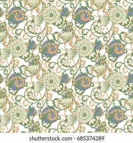 Vintage Wallpaper Rapport. Seamless Pattern with Flowers for Fabric, Textile, Book Cover, Cloth. Summer Feminine Ornament on White Background. Big Chrysanthemums or Golden-daisy