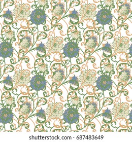 Vintage Wallpaper Rapport. Seamless Pattern with Flowers for Fabric, Textile, Book Cover, Cloth. Summer Feminine Ornament on White Background. Big Chrysanthemums or Golden-daisy