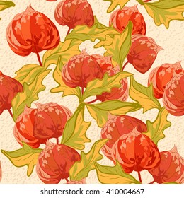 Vintage wallpaper seamless pattern with cape gooseberry flower. Can be used for fabric design. Vector illustration