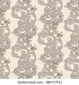 Vintage wallpaper seamless pattern composed of leaves and flowers. Victorian, Baroque and Rococo style