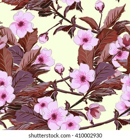 Vintage wallpaper seamless pattern with pink japanese cherry blossom. Cherry branch or China roses, sakura branch. Can be used for fabric design. Vector illustration