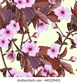 Vintage wallpaper seamless pattern with pink japanese cherry blossom. Cherry branch or China roses, sakura branch. Can be used for fabric design. Vector illustration