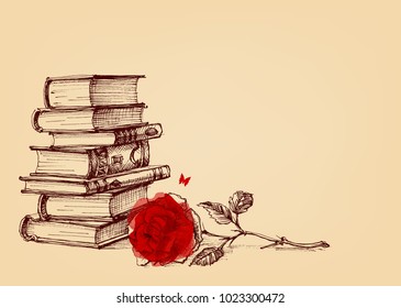 Vintage wallpaper. Stack of books and a red rose still life