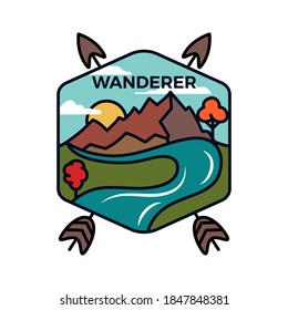 Vintage wanderer logo emblem template, adventure badge design with mountains, arrows and river. Unusual line art retro style sticker. Stock vector art