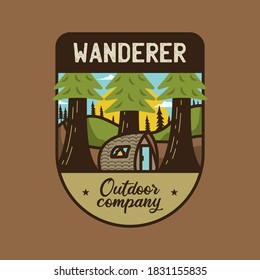 Vintage wanderer logo, outdoor company emblem design with trees and cabin. Unusual line art retro adventure sticker. Stock vector