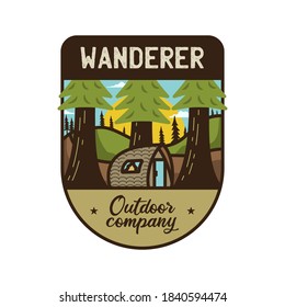 Vintage wanderer logo, outdoor company emblem design with trees and cabin. Unusual line art retro adventure sticker. Stock vector art