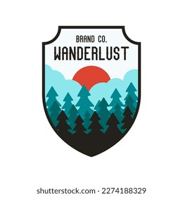 Vintage wanderlust camping logo badge featuring wilderness-themed design including forest and sun. Stock vector wanderlust travel label isolated on white background