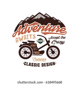 Vintage wanderlust hand drawn label design. "Adventure Awaits" sign and outdoor activity symbols - mountains, motorcycle. Retro colors. Isolated on white background. Vector typography insignia..