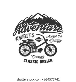 Vintage wanderlust hand drawn label design. Adventure Awaits sign and outdoor activity symbols - mountains, bike. Retro monochrome emblem. Isolated on white background. Vector typography insignia.