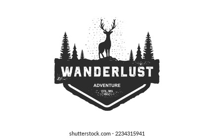 Vintage wanderlust Logo Vector Design Illustration, creative deer and mountain logo - vector illustration