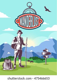 Vintage wanderlust poster with colored environment and black tourist attributes and protagonist vector illustration