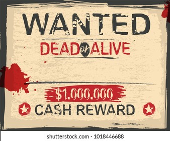 Vintage wanted poster with hand drawn grunge lettering. Stamp words made from unique letters. Beautiful vector illustration. Editable graphic element in beige, red and dark grey colours. 