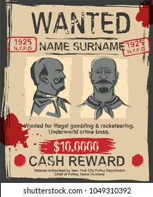 Vintage wanted poster with hand drawn grunge lettering. Stamp words made from unique letters. Beautiful vector illustration. Editable graphic element in beige, red and grey colors. 