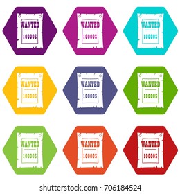 Vintage wanted poster icon set many color hexahedron isolated on white vector illustration