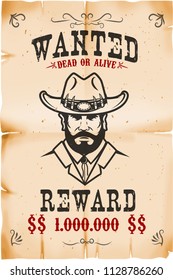 Vintage wanted poster template with old paper texture background. Wild west theme. Vector illustration