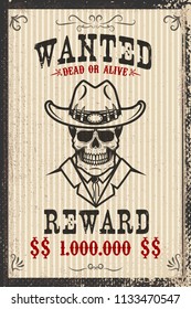 Vintage wanted poster template with old paper texture background. Wild west theme. Vector illustration