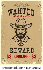 Vintage wanted poster template with old paper texture background. Wild west theme. Vector illustration