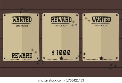Vintage wanted western posters with blank space for youd photo. Vector mockup wanted banner with wooden background and bullet holes, wanted retro message illustration.