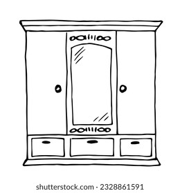 Vintage wardrobe with a mirror. Closet, interior items, furniture. Simple black outline vector drawing. Sketch in ink.
