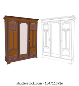 Vintage wardrobe, old furniture vector drawing