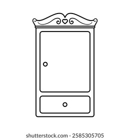 Vintage Wardrobe with Ornament Outline Vector Illustration. Black and white vector illustration of a vintage wardrobe with elegant decorative details. 