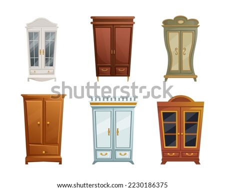 Vintage wardrobes vector illustrations set. Collection of cartoon drawings of old-fashioned closets or cabinets of different shapes isolated on white background. Fashion, furniture, interior concept