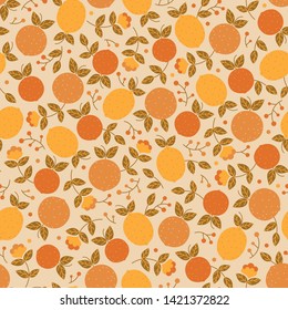 Vintage warm colored vector pattern with oranges, tangerines & lemons. Seamless repeat on cream colored background. Flat illustration style. Great for backgrounds, wallpapers, textile designs etc.
