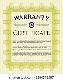 Vintage Warranty Certificate template. Beauty design.  With guilloche pattern.    Yellow color.