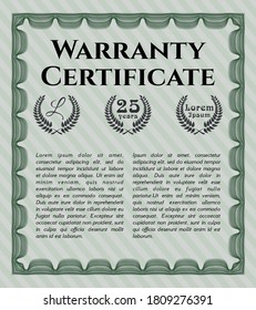 Vintage Warranty Certificate template. Good design.  Complex background.  Customizable, Easy to edit and change colors.  Green color.