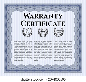 Vintage Warranty Certificate template. Good design.  With complex background.    Blue color.