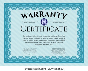 Vintage Warranty Certificate template. Lovely design.  With complex linear background.  Detailed.  Light blue color.