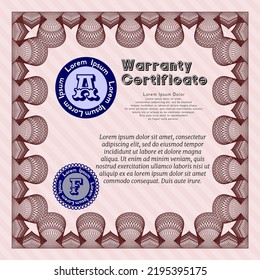 Vintage Warranty Certificate template. Lovely design.  Complex background.    Red color.