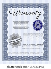 Vintage Warranty Certificate template. Money Pattern design.  With great quality guilloche pattern.  Vector illustration.  Blue color.